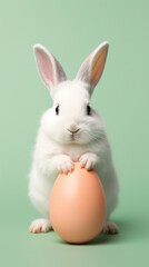 Fototapeta premium A charming white bunny holding a large orange Easter egg, set against a soft green background, depicting Easter joy.