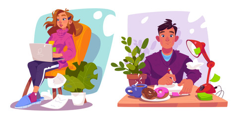 Male and female freelancers working home. Vector cartoon illustration of young woman sitting in armchair, typing on laptop, man in sweater writing on paper, coffee and donuts on desk, remote job