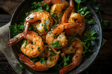 Top view of Grilled shrimp with lemon and cut coriander in old bowl on table.