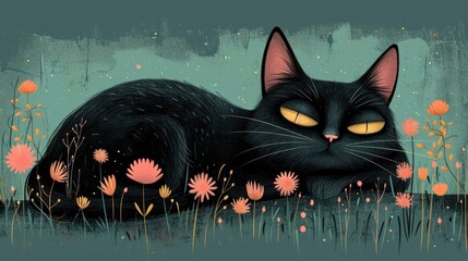  a painting of a black cat with yellow eyes laying in a field of flowers with grass and flowers around it.