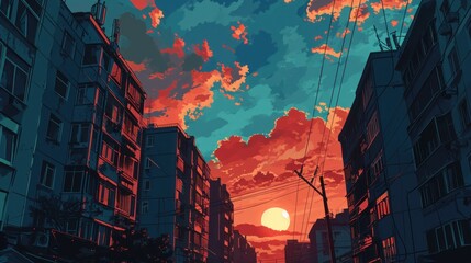  a painting of a sunset in a city with tall buildings and power lines in the foreground and a red and blue sky in the background. - obrazy, fototapety, plakaty