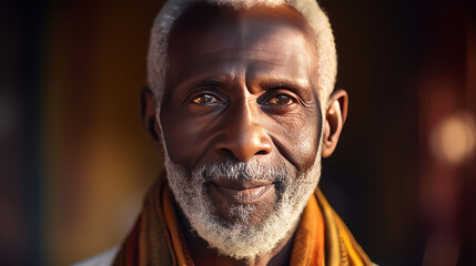 Handsome elegant, elderly African American man, on a gold background, banner, close-up, copy space.