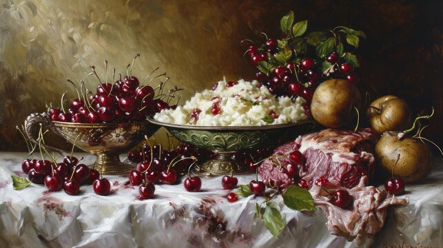  a painting of cherries, mashed potatoes, and meat in a bowl on a table with a cloth.