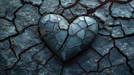  a heart shaped piece of metal sitting on top of a cracked dirt ground with a crack in the middle of it. - obrazy, fototapety, plakaty