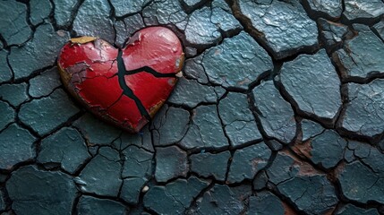  a broken red heart sitting on top of a cracked cement ground with a crack in the middle of the heart.