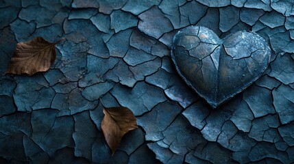  a heart shaped piece of metal sitting on top of a cracked surface with a leaf on the ground next to it. - obrazy, fototapety, plakaty