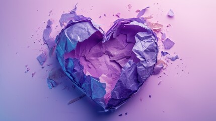  a heart shaped piece of paper with a knife sticking out of it's side on a pink and blue background. - obrazy, fototapety, plakaty