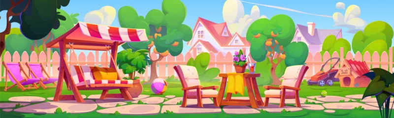 Gardinen Country home backyard with trees and furniture. Cartoon summer landscape of yard with green grass and fruit woods, swing with canopy and lounge, wooden table with chairs and dog house, lawn mower. © klyaksun