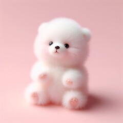 Сute fluffy white baby teddy polar bear toy on a pastel pink background. Minimal adorable animals concept. Wide screen wallpaper. Web banner with copy space for design.