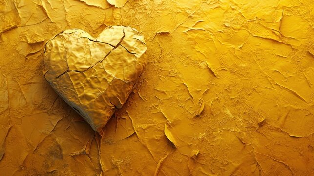  a yellow painted wall with a heart shaped piece of paper hanging from it's side on it's side.