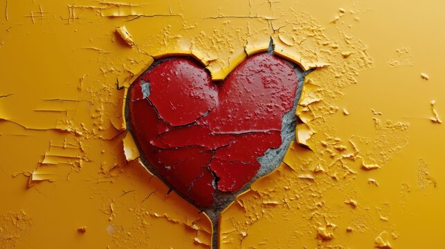  a broken heart on a yellow wall with a crack in the middle of the wall and the paint chipping off of the wall.