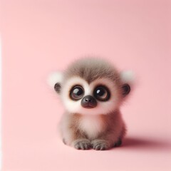 Сute fluffy baby lemur toy with big eyes on a pastel pink background. Minimal adorable animals concept. Wide screen wallpaper. Web banner with copy space for design.