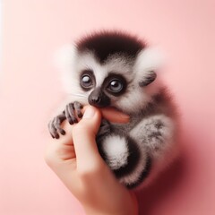 Obraz premium Сute fluffy baby lemur toy with big eyes in a hand on a pastel pink background. Minimal adorable animals concept. Wide screen wallpaper. Web banner with copy space for design.