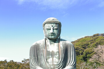 青空背景　鎌倉の大仏のクローズアップ　日本　大仏　鎌倉　