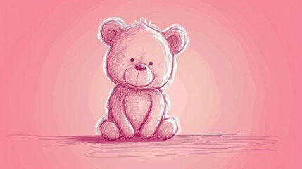  a drawing of a teddy bear sitting on a pink background with a pink background and a white outline of a teddy bear.