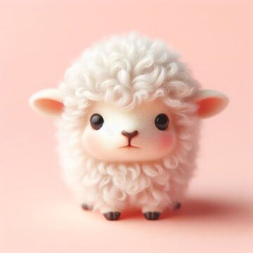 Сute fluffy white baby sheep toy on a pastel pink background. Minimal adorable animals concept. Wide screen wallpaper. Web banner with copy space for design.