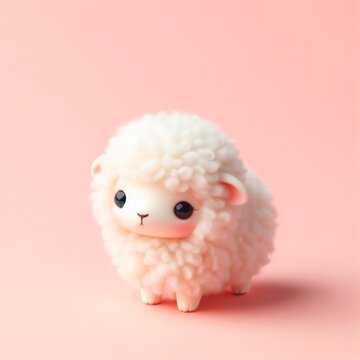 Сute fluffy white baby sheep toy on a pastel pink background. Minimal adorable animals concept. Wide screen wallpaper. Web banner with copy space for design.