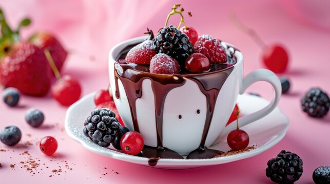 a close up of a cup of food on a plate with berries and raspberries on a pink background.