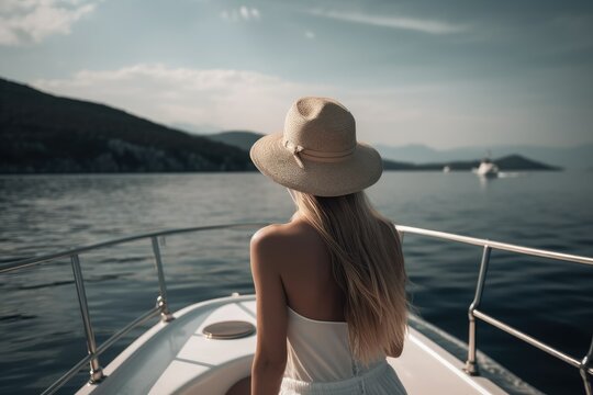 Rear view of woman traveling on yacht, Mediterranean summer, woman on yacht, faceless travel footage, summer travel, European travel