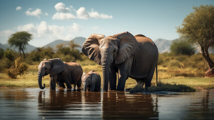 A beautiful golden photograph of a family herd of elephant drinking - obrazy, fototapety, plakaty