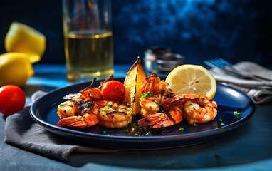 Delicious grilled shrimp skewers with lemon wedges and teriyaki sauce on a dark plate with a blurred kitchen background. Front view.