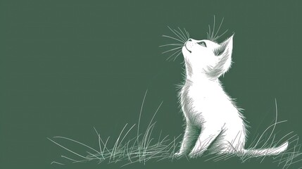  a drawing of a cat sitting in the grass looking up at the sky with its head up and eyes wide open.