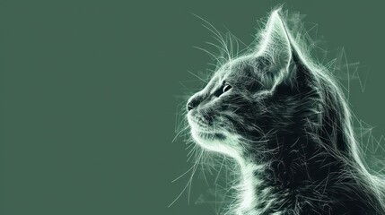  a black and white photo of a cat with its head turned to the side, looking up at something on a green background.