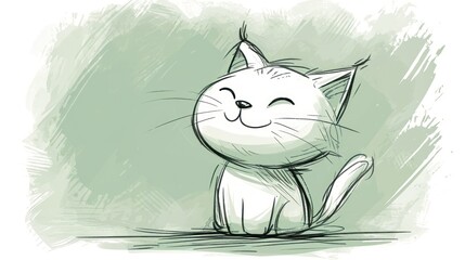  a black and white drawing of a cat with a sad look on it's face, sitting in front of a green background.