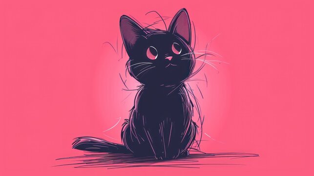  a drawing of a black cat sitting on the ground with its eyes wide open and eyes wide open, on a pink background.