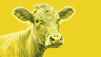  a close up of a cow's face on a yellow background with a black and white drawing of a cow's head.