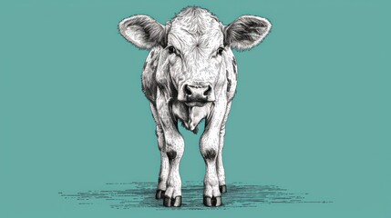  a black and white drawing of a cow on a teal background, with the head of a cow looking at the camera.