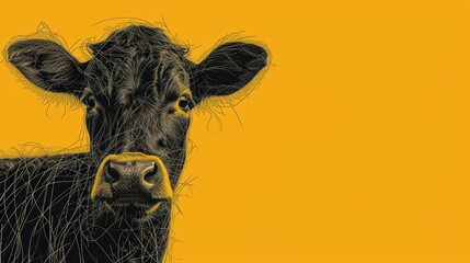 Obraz premium a close up of a cow's face on a yellow background with a black and white photo of it's head.