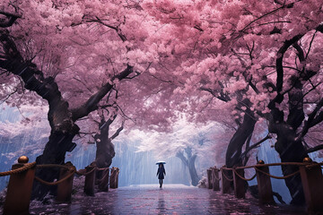 Spring Awakening: Bright and Fresh Landscape Illustration with Cherry Blossom Japan
