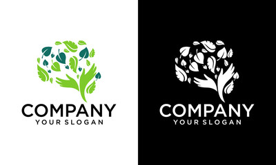 Creative Growing brain logo combination brain logo with leaf and hand logo - obrazy, fototapety, plakaty