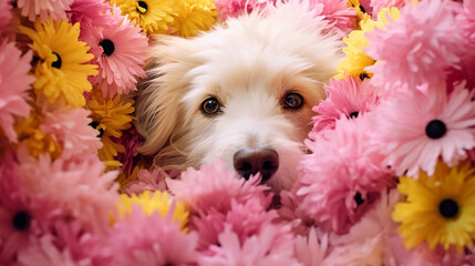 dog nose peeks out of yellow and pink chrysanthemum - obrazy, fototapety, plakaty