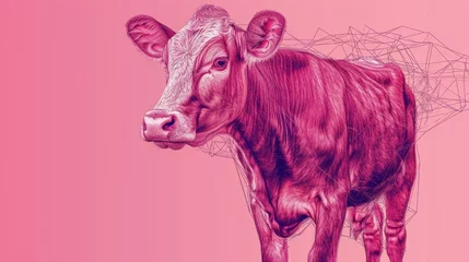 Foto op Canvas  a drawing of a cow standing in front of a pink background with a low polygonic structure in the background. © Shanti