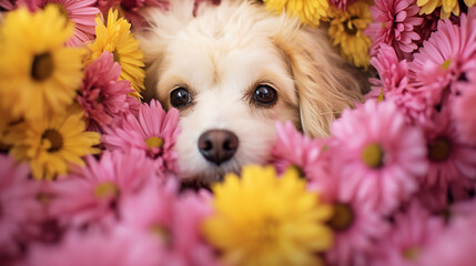 dog nose peeks out of yellow and pink chrysanthemum - obrazy, fototapety, plakaty