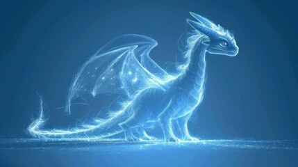  a blue and white dragon sitting on top of a body of water in front of a blue sky with stars.
