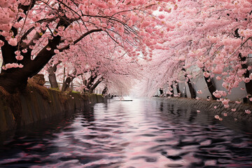 Spring Awakening: Bright and Fresh Landscape Illustration with Cherry Blossom Japan