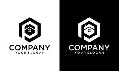 Creative Heaxagon Combination of P and home for real estate company logos