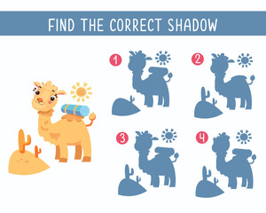 Find the right shadow. Game for children. Activity, vector children illustration. Cute flat stylised cartoon camel in desert. 
