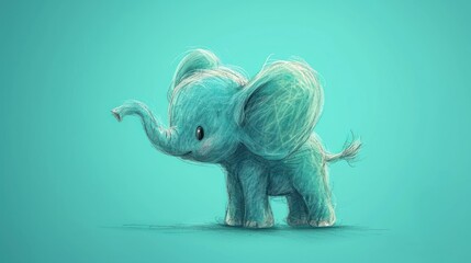  a drawing of a baby elephant standing on a blue background with its trunk in the air and it's trunk in the air.