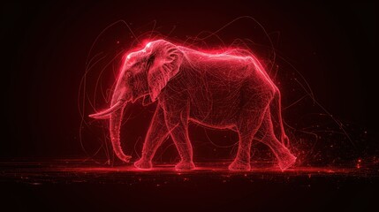  a red elephant on a black background with a red light in the middle of it's body and a red light in the middle of the elephant's body.