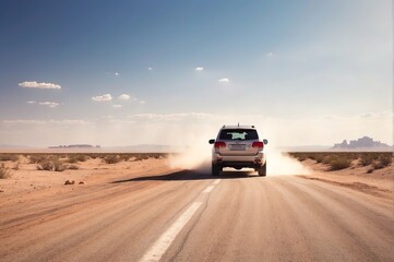 Fototapeta na wymiar A car speeding on the highway road desert
