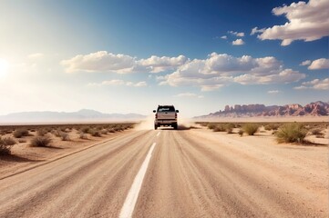 A car speeding on the highway road desert