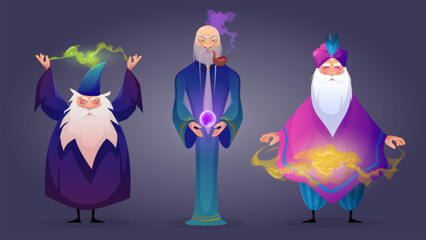 Male wizard game design character. Cartoon vector illustration set of various old sorcerer and magician with long grey beard casting spell. wise fantasy warlock with magic fog and wizardry ball.