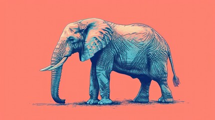  an elephant standing in front of a pink background with a blue line drawing of it's trunk and tusks.