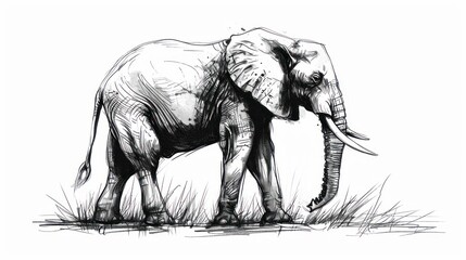  a black and white drawing of an elephant standing in the grass with it's tusks curled up.