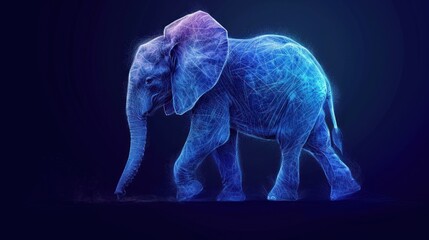  a blue elephant standing in the dark with its trunk in the air and it's trunk in the air.