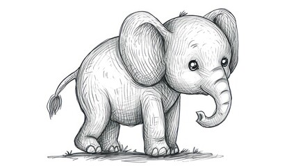  a drawing of a baby elephant standing in the grass with it's trunk in the air and it's trunk in the air.